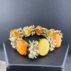 Vintage BSK Bracelet Gold Tone Thermoset Fruit Salad Rhinestone 7" READ.